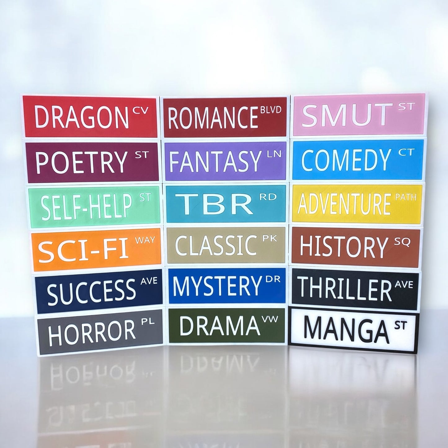 Book Genre Street Signs - 3D Printed Matte PLA Decor for Bookshelves & Reading Nooks - 18+ Genres Available - Perfect Gift for Book Lovers
