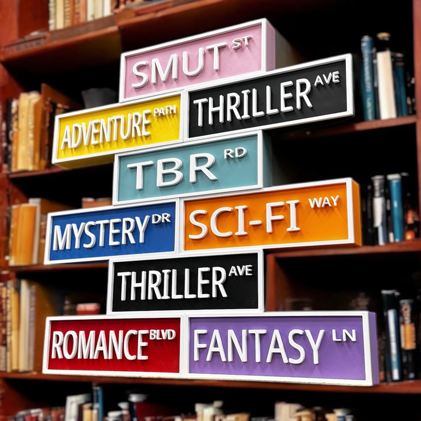 Book Genre Street Signs - 3D Printed Matte PLA Decor for Bookshelves & Reading Nooks - 18+ Genres Available - Perfect Gift for Book Lovers