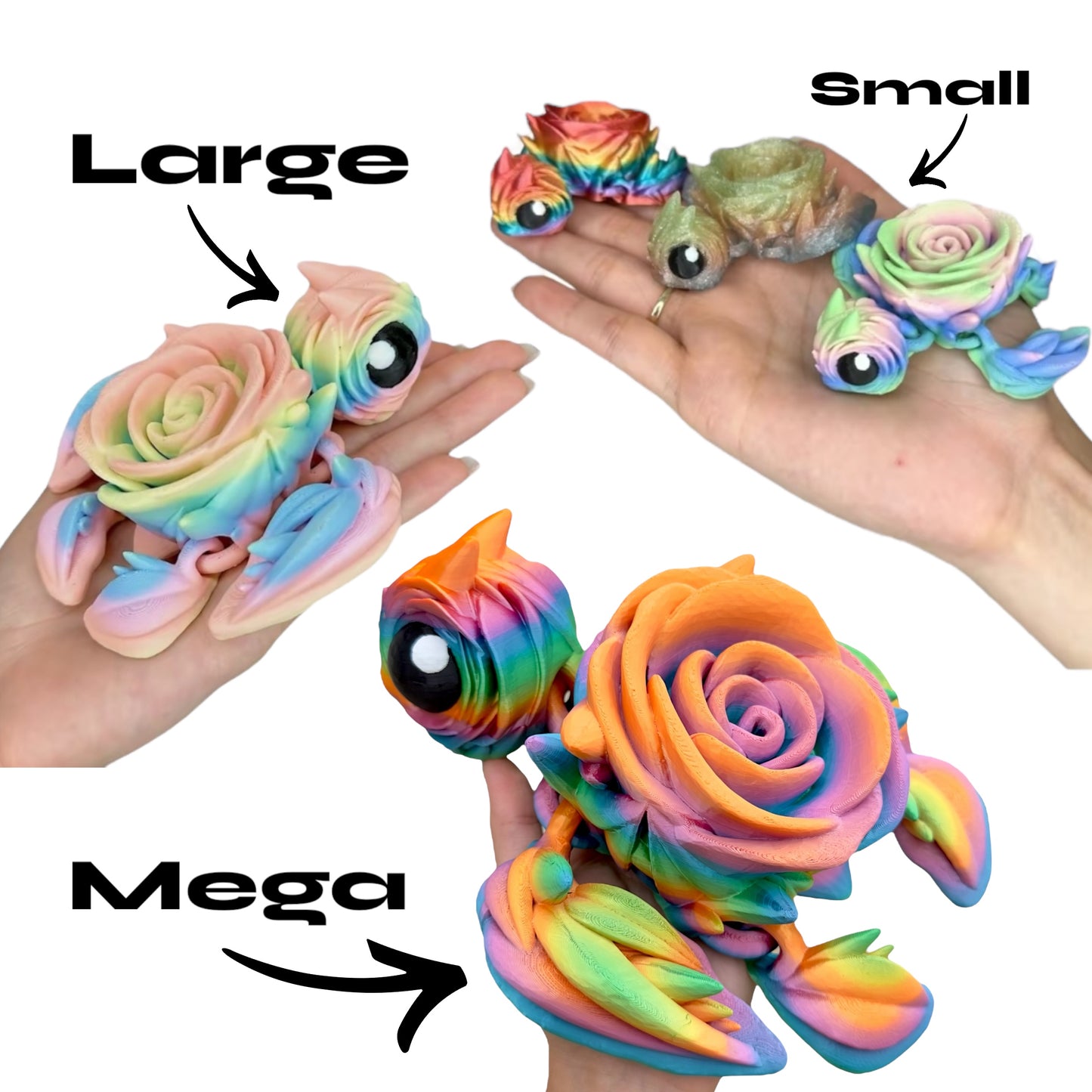 Rainbow Rose Turtle – Articulated 3D Figurine | Small to Mega – Pastel, Silky, Glitter