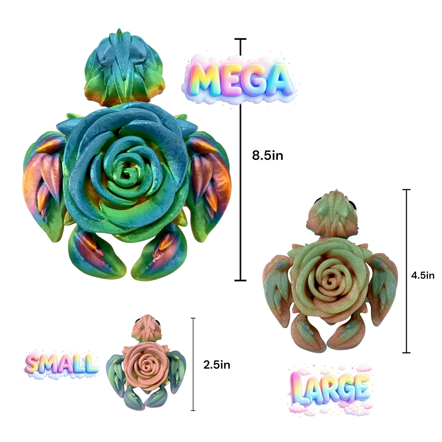 Rainbow Rose Turtle – Articulated 3D Figurine | Small to Mega – Pastel, Silky, Glitter